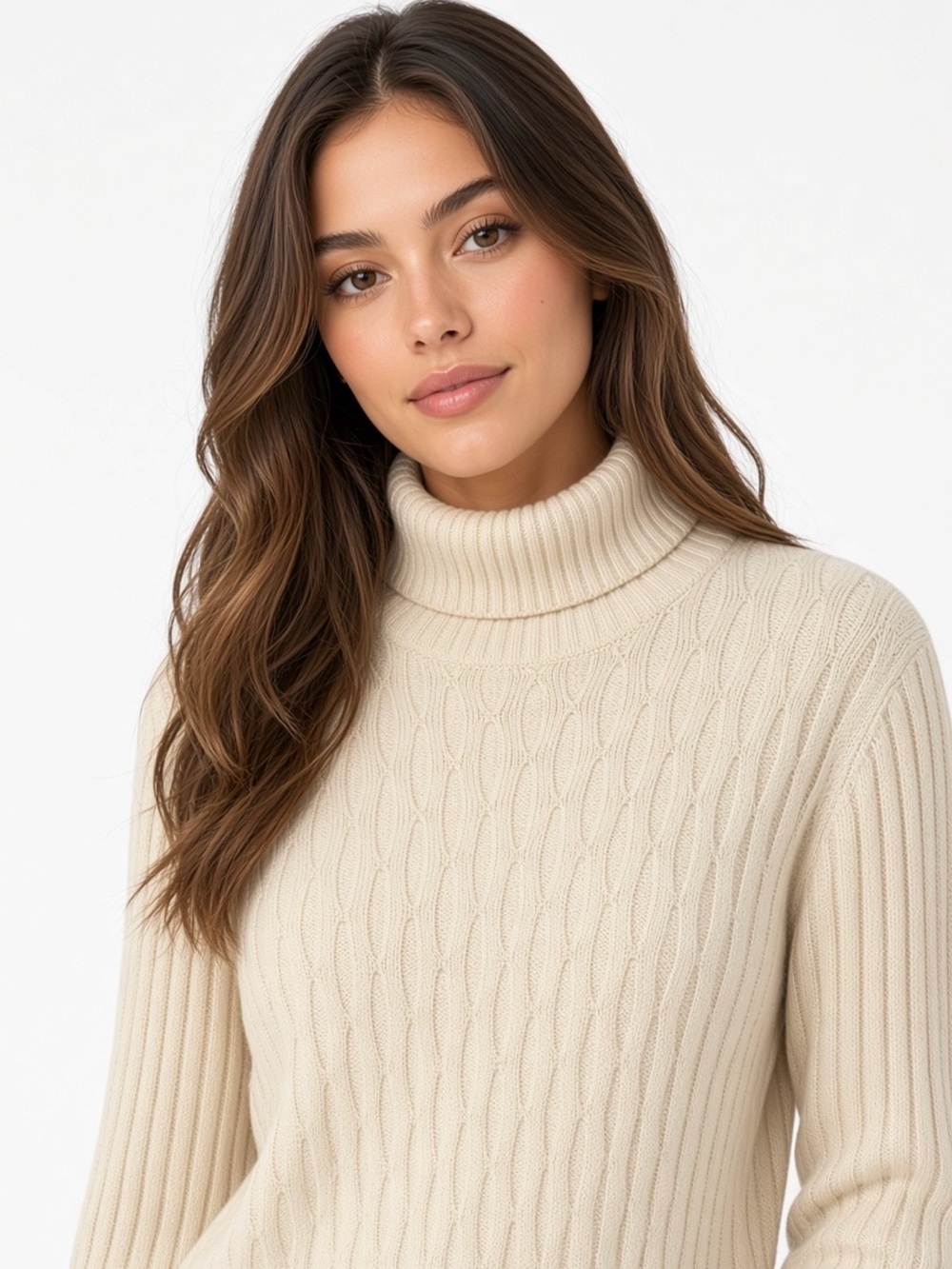 Cable Knit Turtleneck Sweater with Subtle beading- Cream